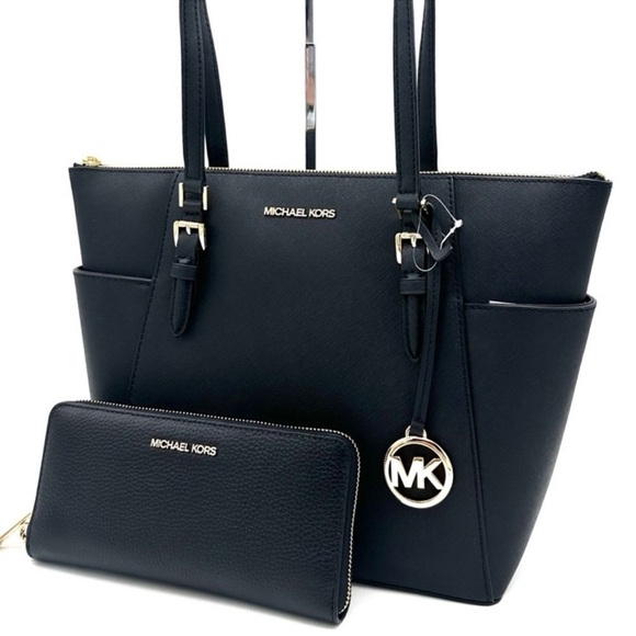 Michael Kors Large Charlotte Tote Bag & Large Continental Wallet Wristlet Black - Picture 1 of 14
